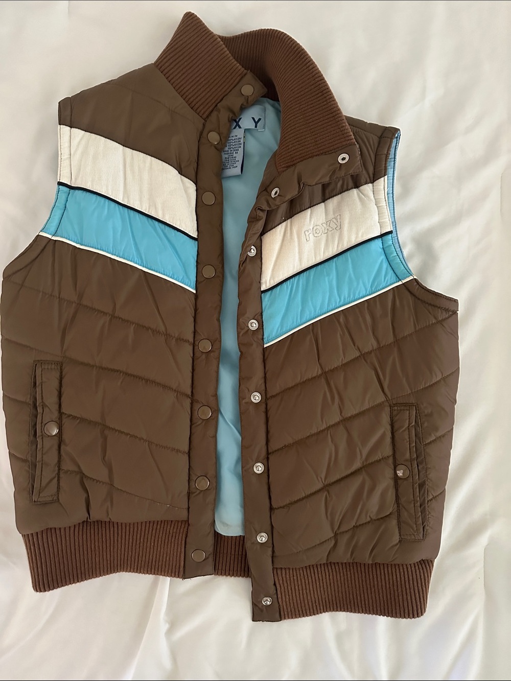 Roxy Brown Quilted Puffer Vest with Light Blue & Cream Chevron